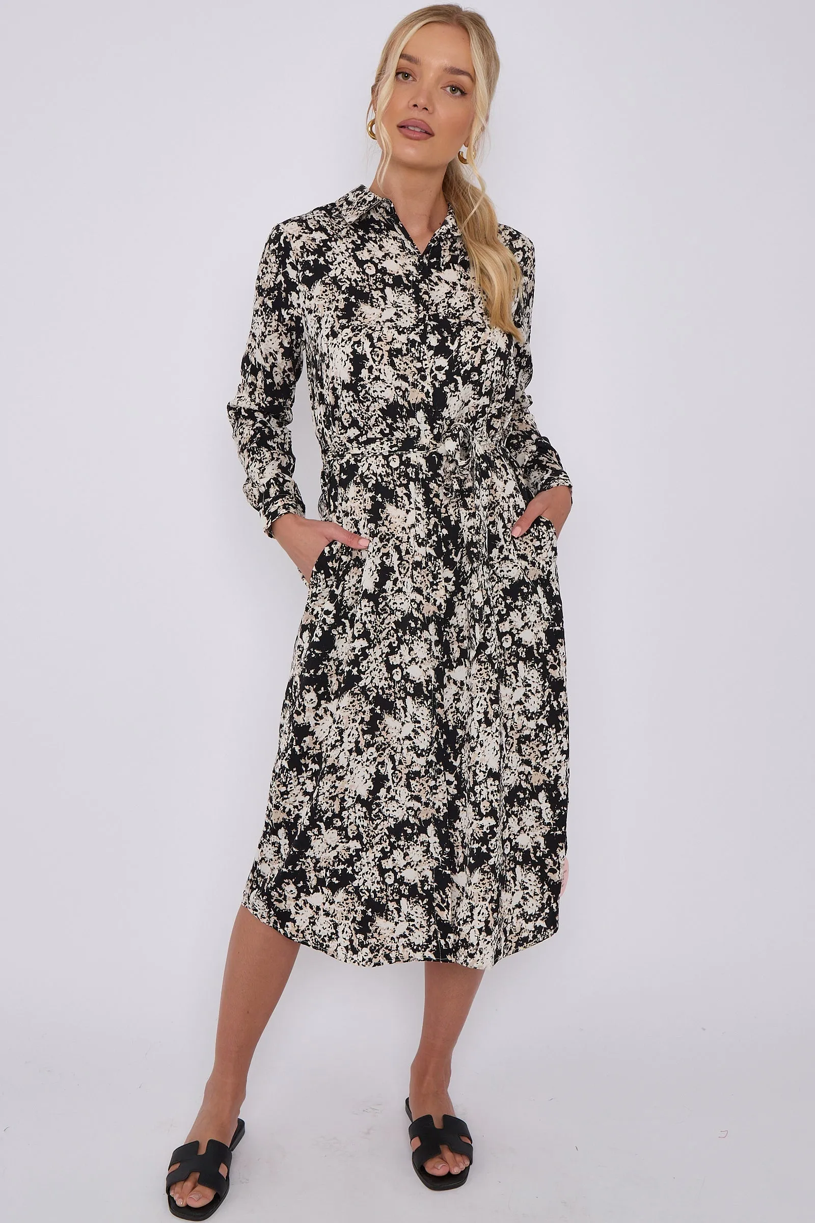 LOVE SUNSHINE Black Tie Dye Print Long Sleeve Midi Shirt Dress