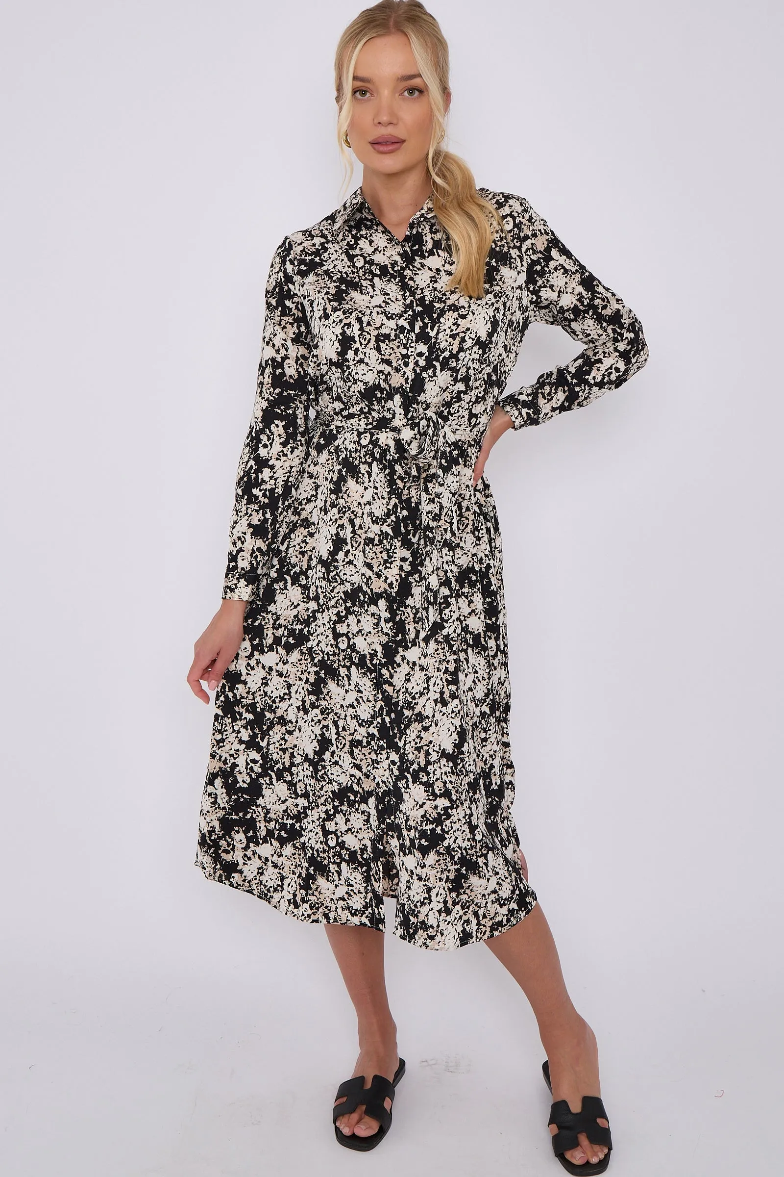 LOVE SUNSHINE Black Tie Dye Print Long Sleeve Midi Shirt Dress