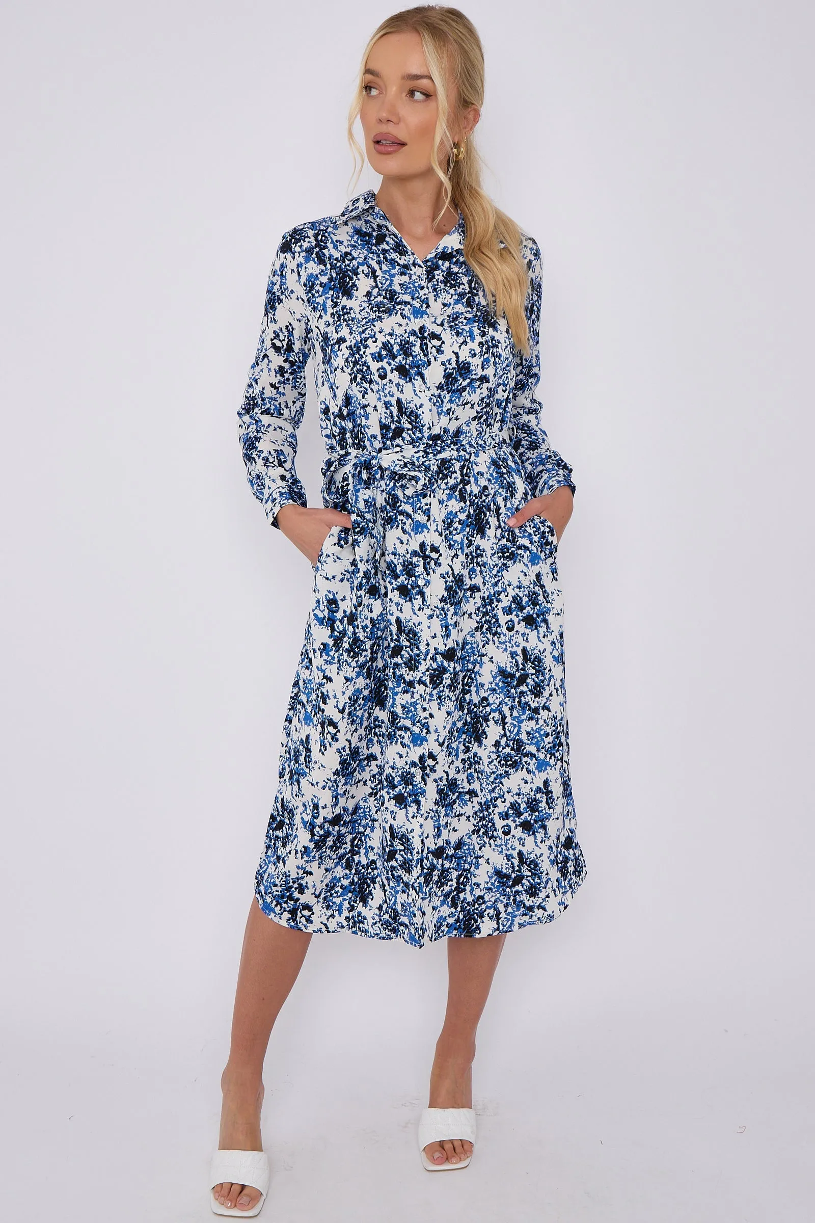 LOVE SUNSHINE Blue Tie Dye Print Long Sleeve Midi Shirt Dress