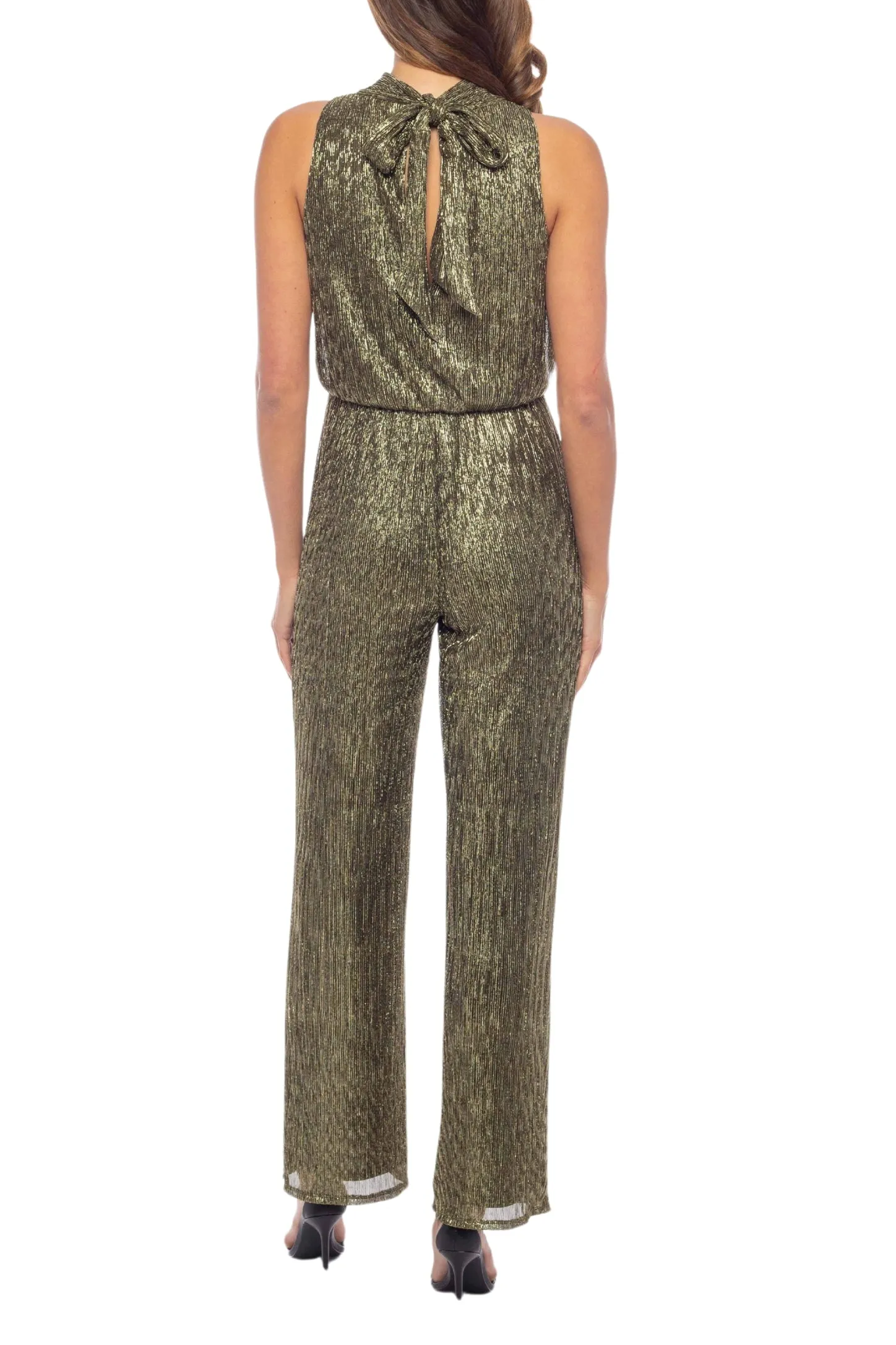 Marina Mock Neck Sleeveless Metallic Pleated Jumpsuit