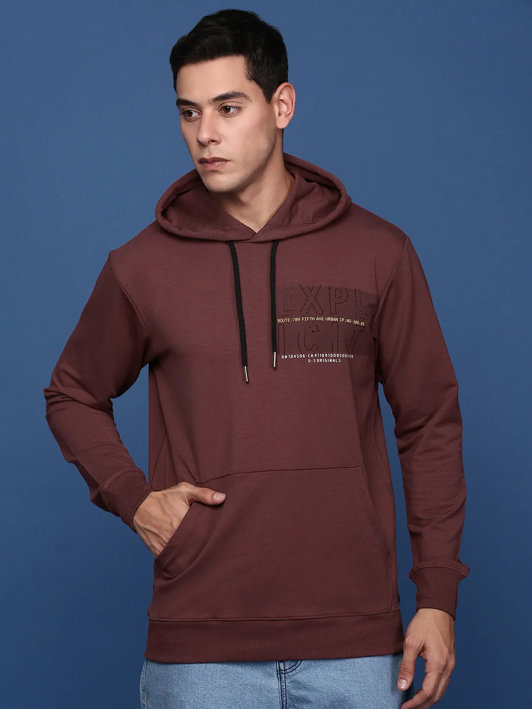 Men Hooded Solid Maroon Pullover