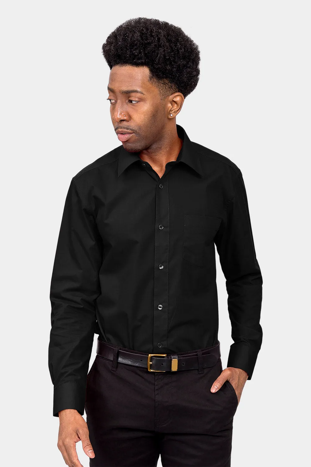 Men's Basic Solid Color Button Up Dress Shirt (Black)