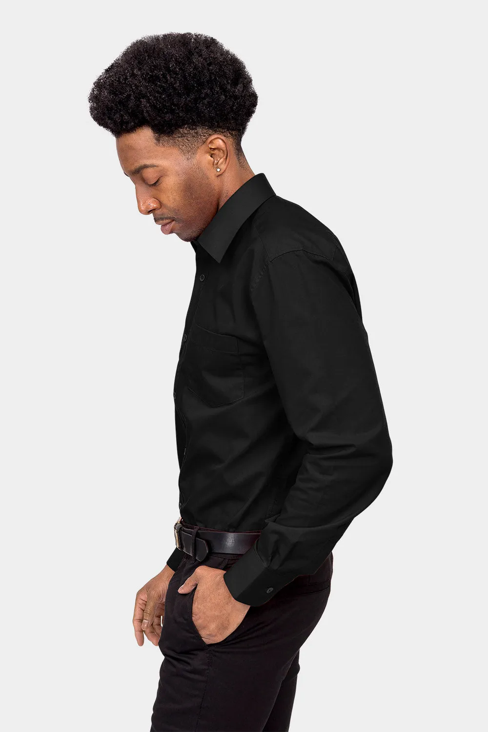 Men's Basic Solid Color Button Up Dress Shirt (Black)