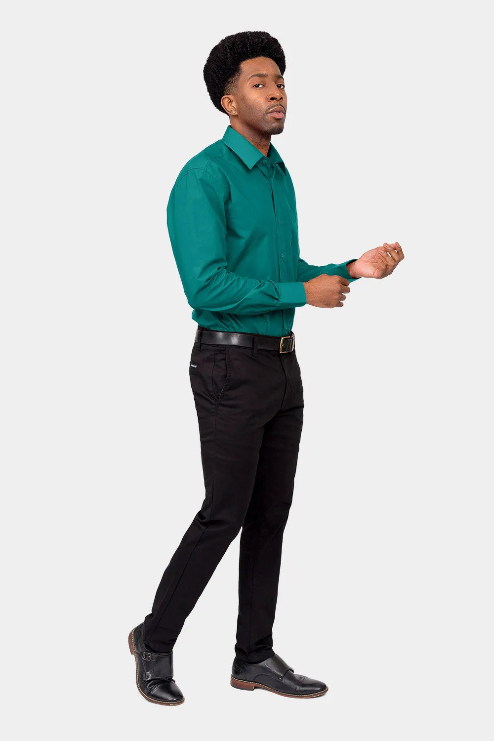 Men's Basic Solid Color Button Up Dress Shirt (Teal)