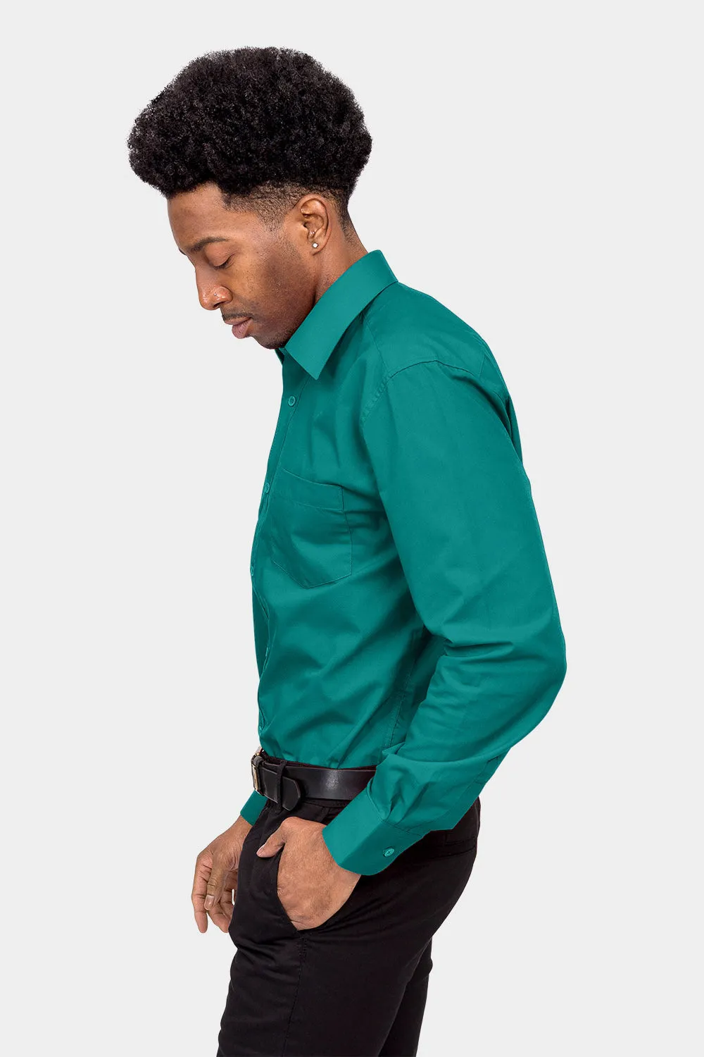 Men's Basic Solid Color Button Up Dress Shirt (Teal)