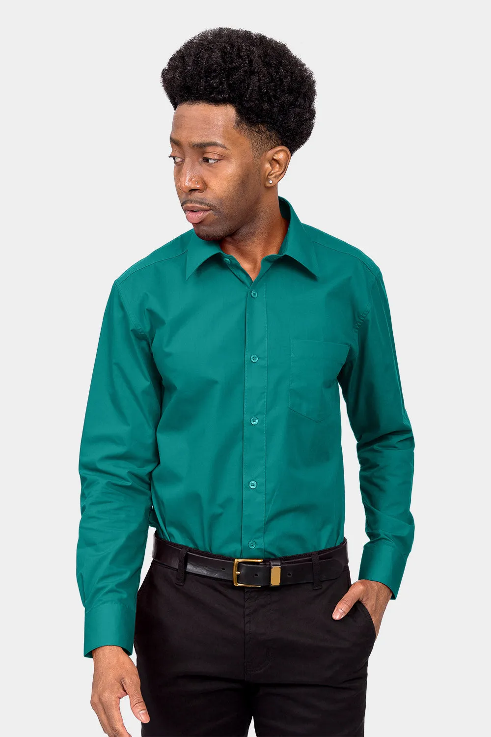 Men's Basic Solid Color Button Up Dress Shirt (Teal)