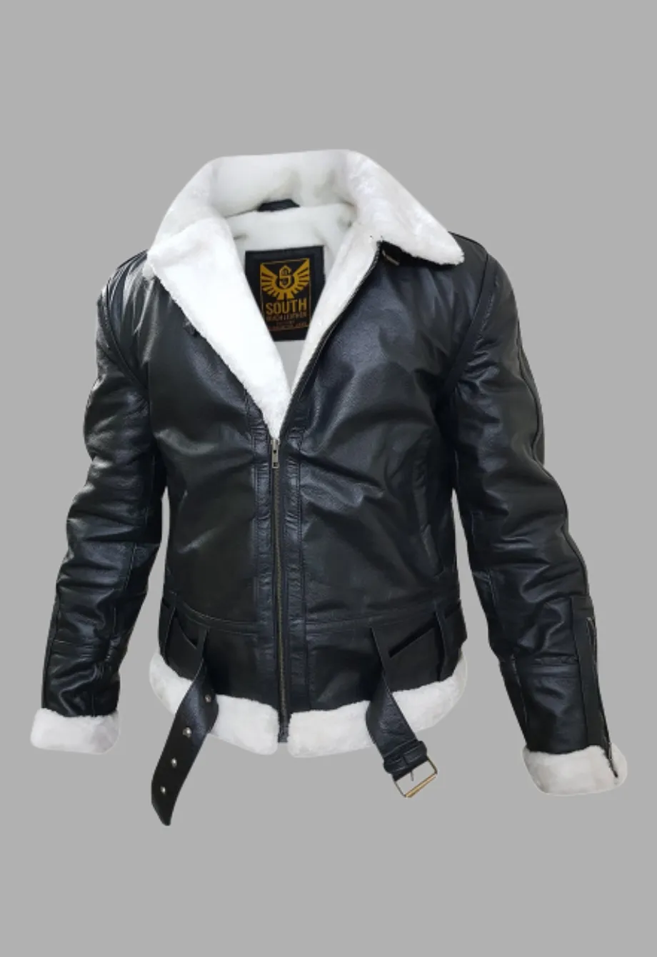 Mens Black Bomber Flying Aviator White Fur Genuine Leather Jacket