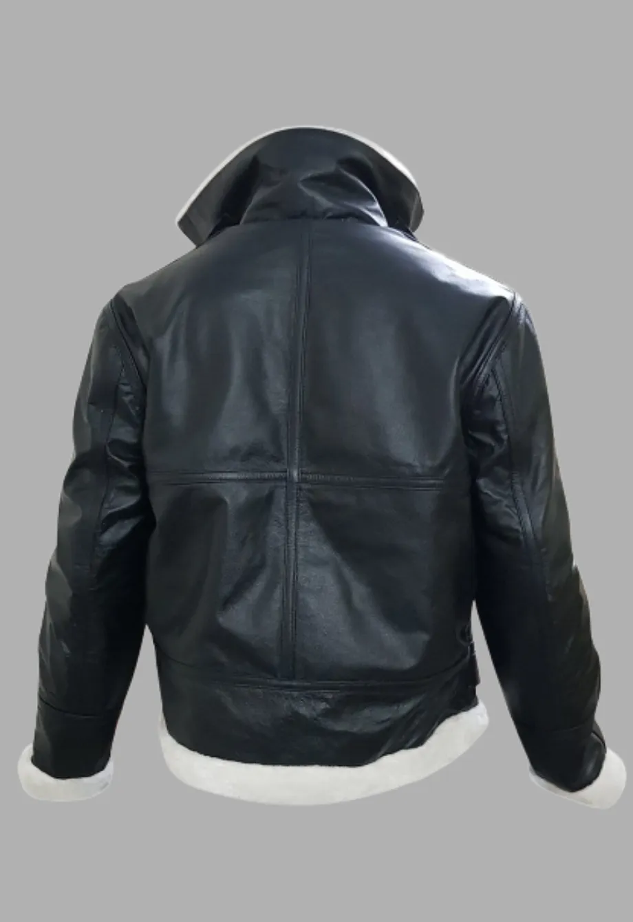 Mens Black Bomber Flying Aviator White Fur Genuine Leather Jacket