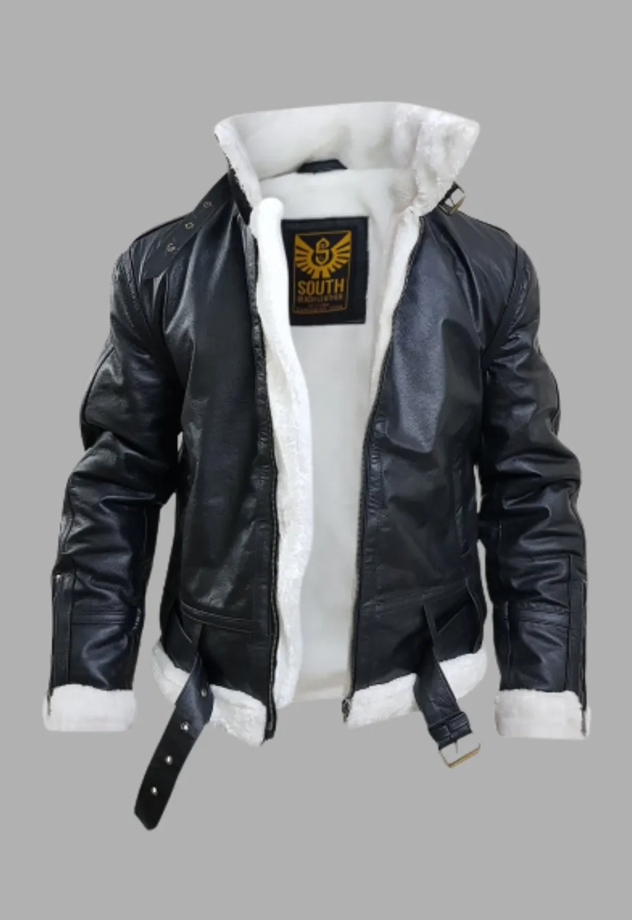 Mens Black Bomber Flying Aviator White Fur Genuine Leather Jacket