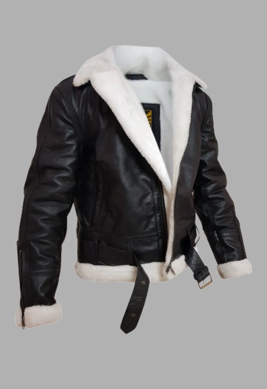 Mens Black Bomber Flying Aviator White Fur Genuine Leather Jacket