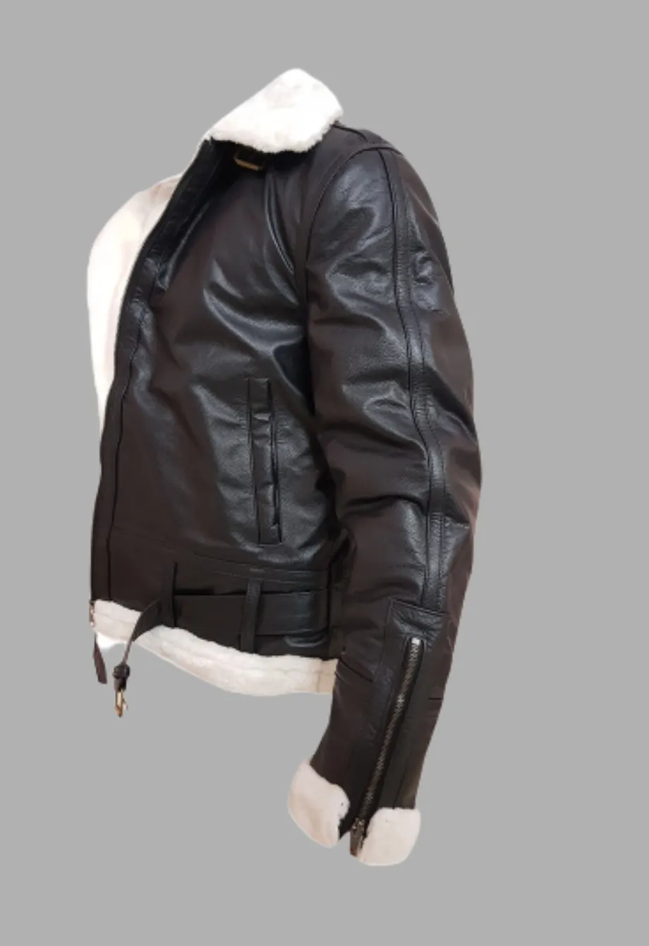 Mens Black Bomber Flying Aviator White Fur Genuine Leather Jacket