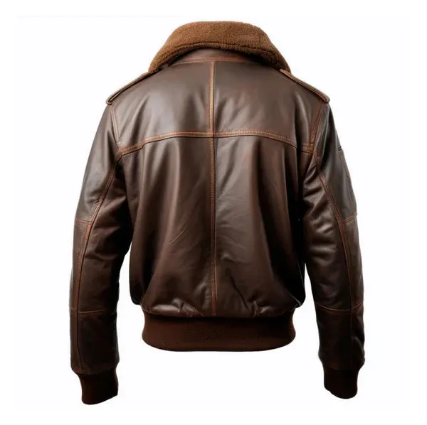 Men's Brown Pilot Faux Shearling Lapel Bomber Leather Jacket