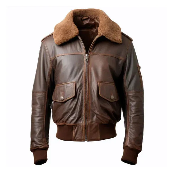 Men's Brown Pilot Faux Shearling Lapel Bomber Leather Jacket