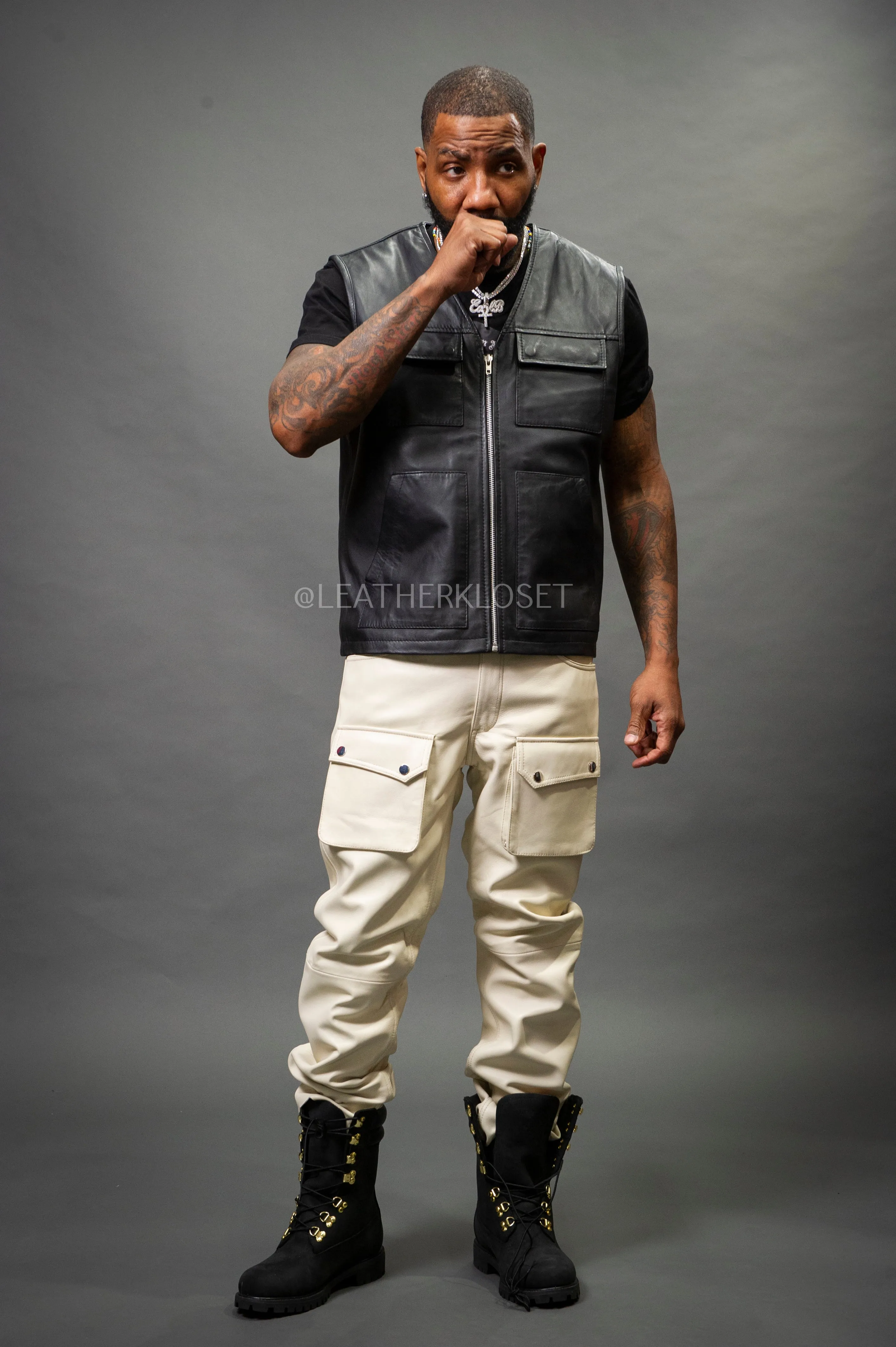 Men's Leather Brooklyn Vest With Leather Cargo Pants [Black/Beige]