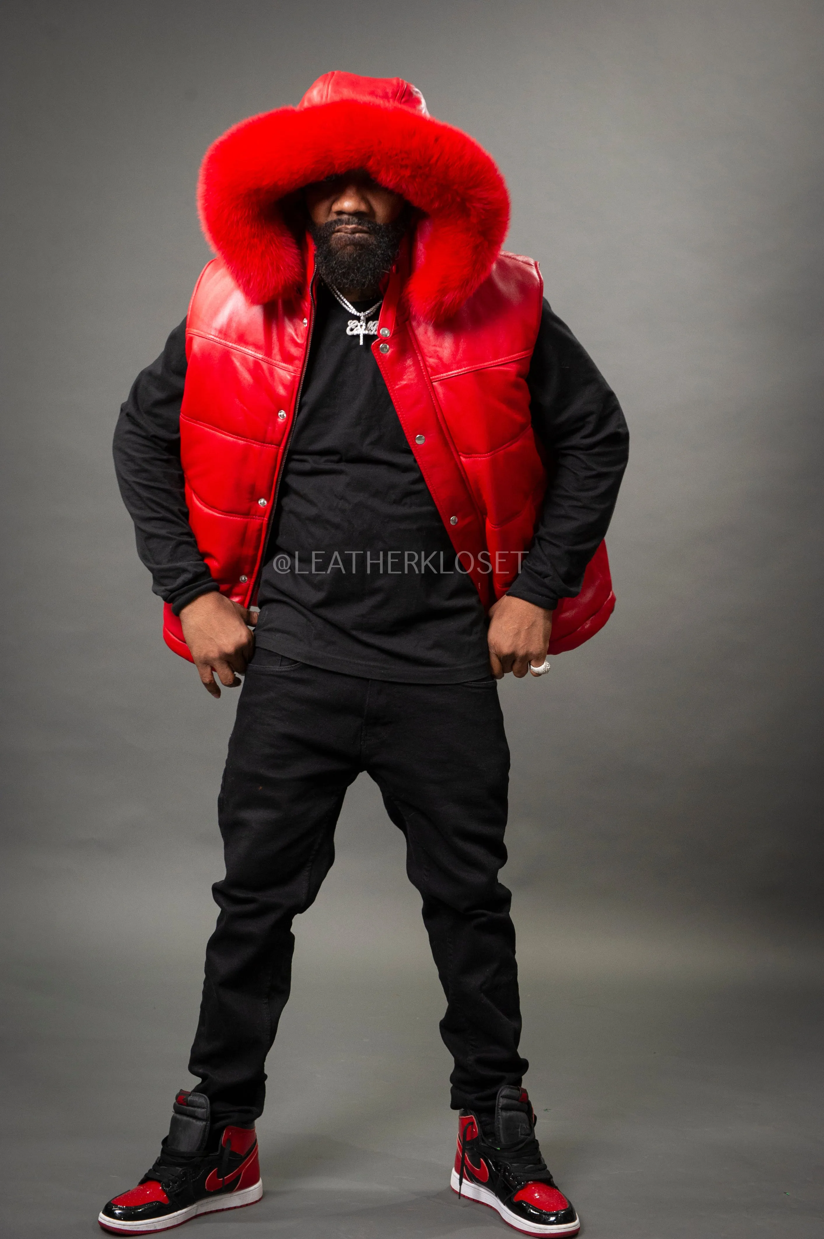 Men's Leather Bubble Vest With Premium Fox Fur Hood [Red Fox]