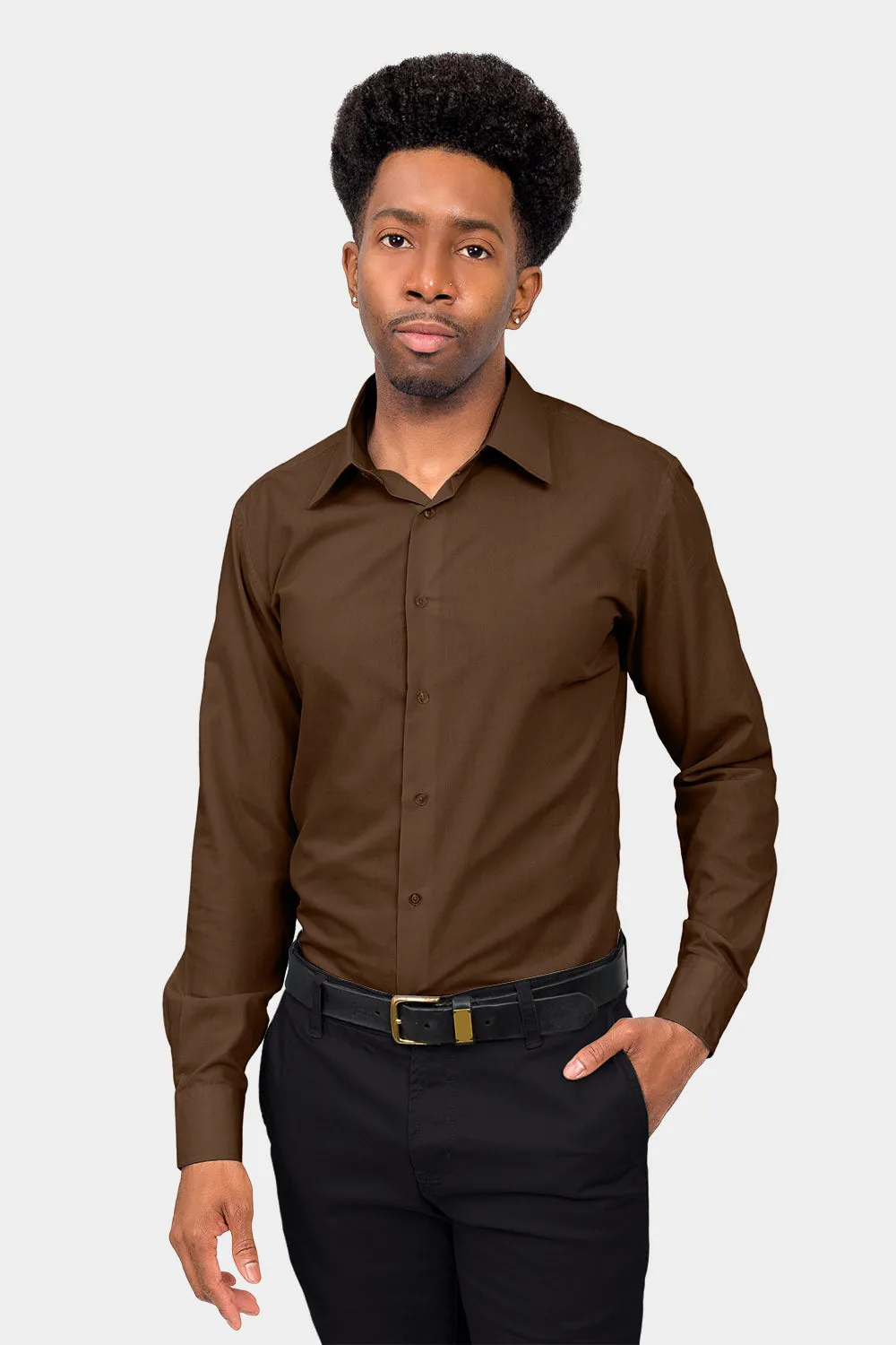 Men's Slim Fit Solid Color Dress Shirt (Brown)