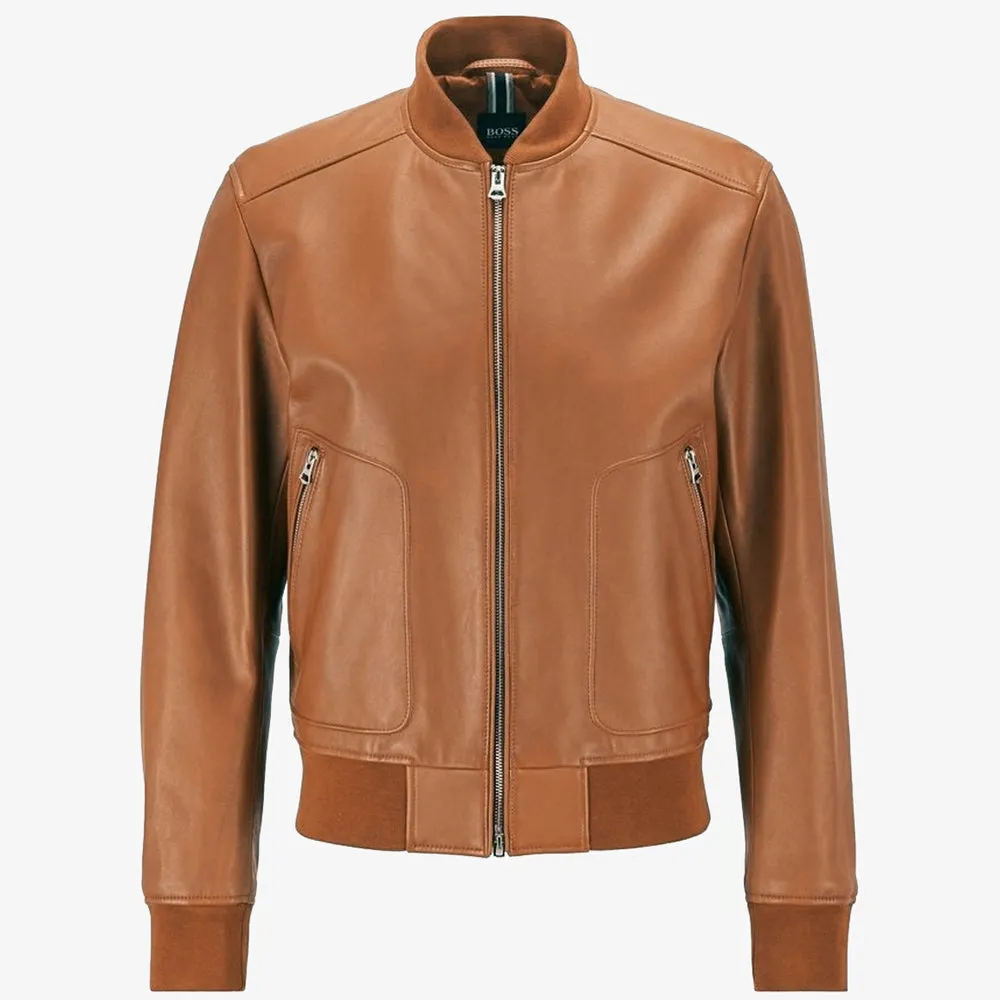 Men’s Tan Brown Leather Bomber Jacket