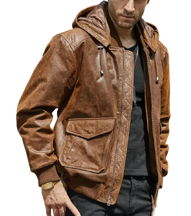 Mens Tristan Genuine Brown Leather Hooded Bomber Jacket