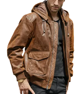 Mens Tristan Genuine Brown Leather Hooded Bomber Jacket