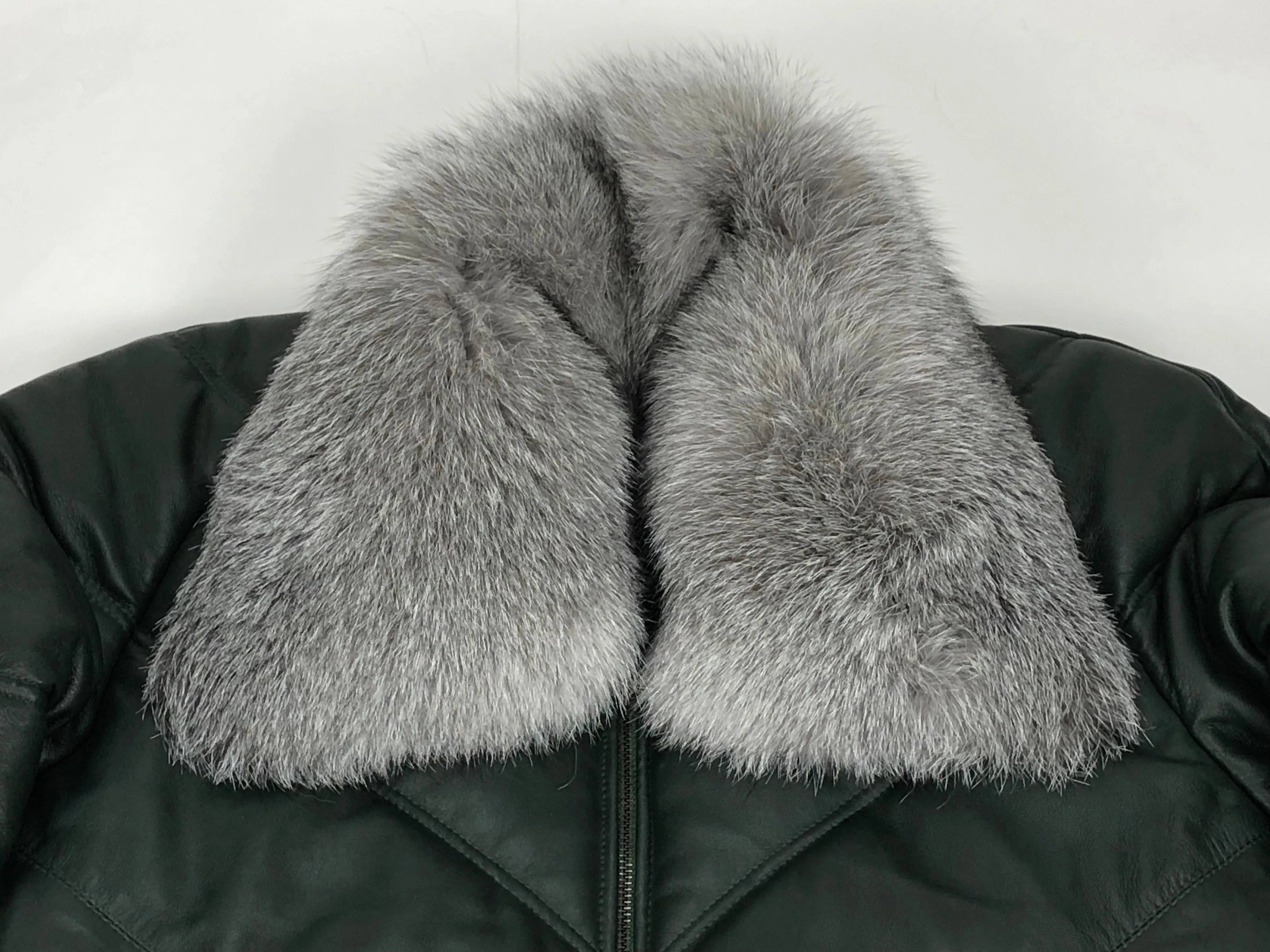 Men's V-Bomber Forest Green Premium Silver Fox Collar