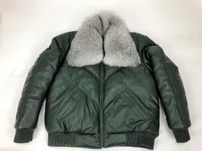 Men's V-Bomber Forest Green Premium Silver Fox Collar