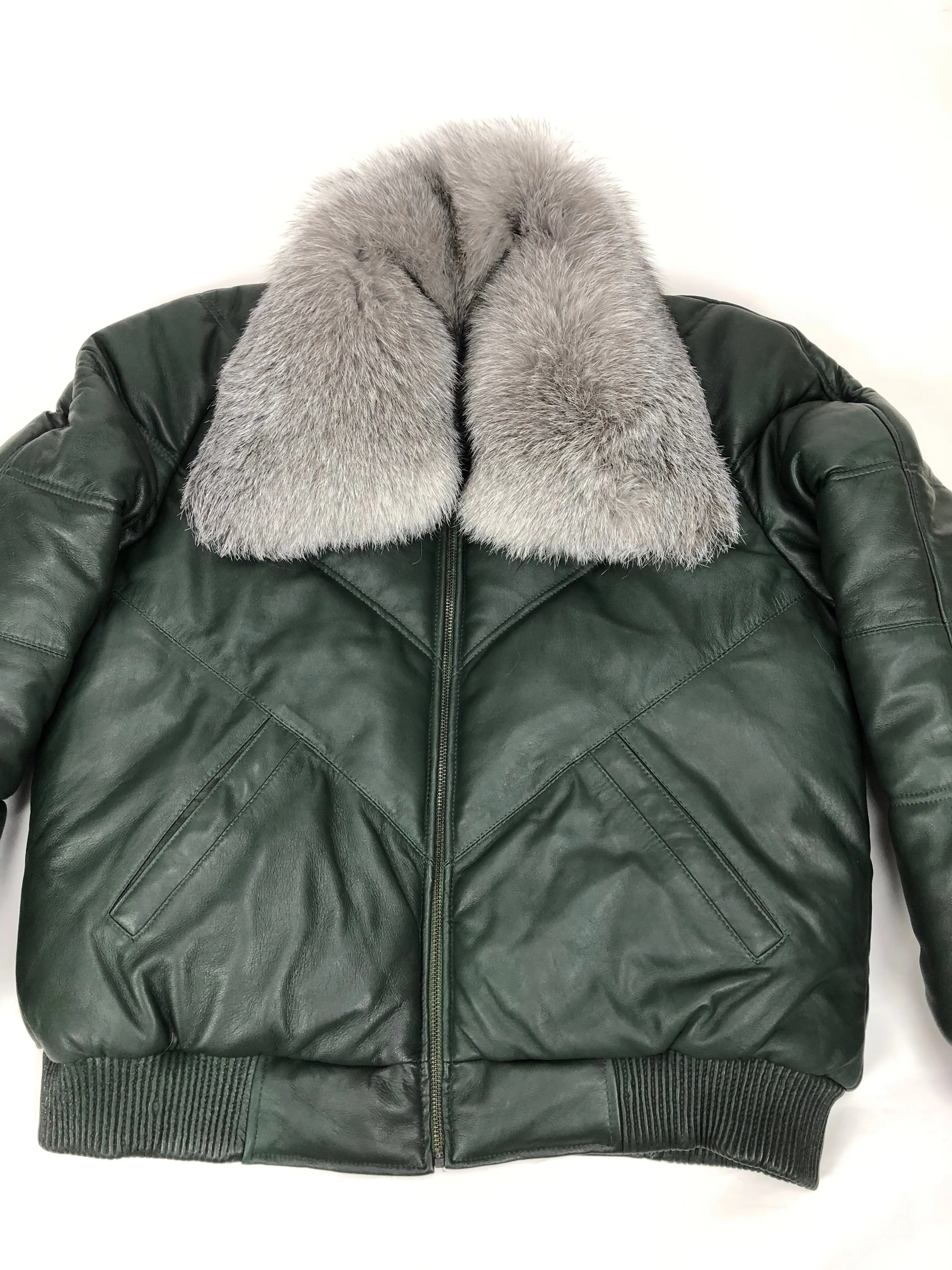 Men's V-Bomber Forest Green Premium Silver Fox Collar