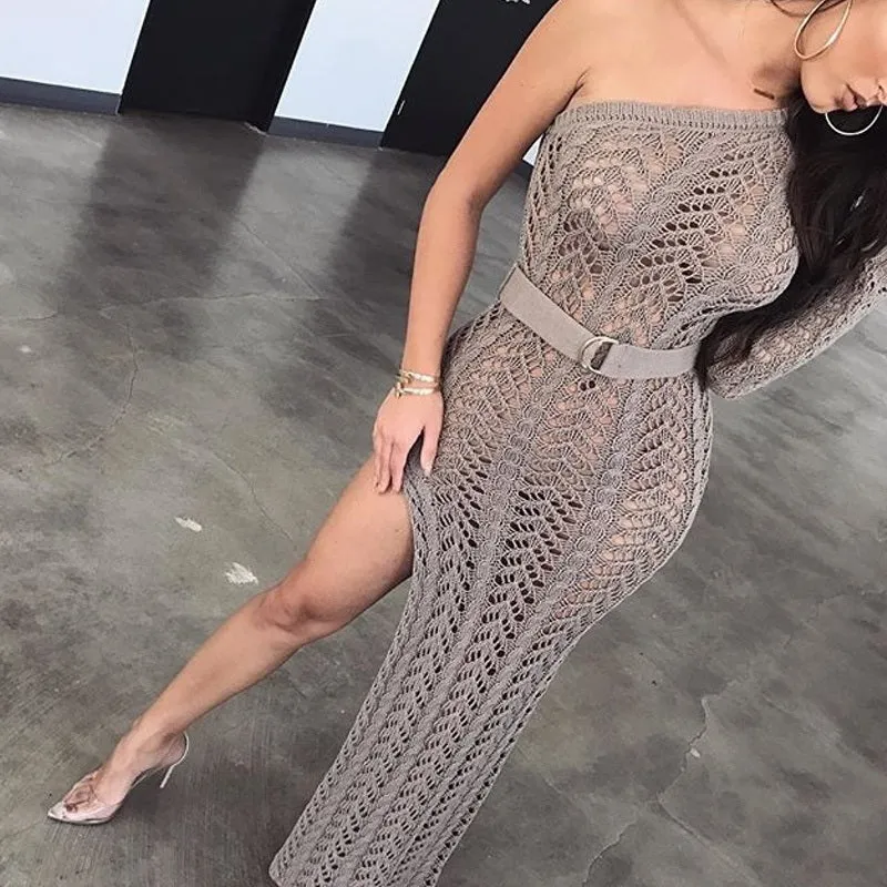 New Knitting Long Dress Women One Shoulder Maxi Dress Sexy Hollow Out High Split Club Party Dresses Sweater Dress Roll Pull