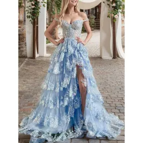 Off The Shoulder Tiered Tulle Prom Dress Corset Long Split Mermaid Evening Formal Gowns