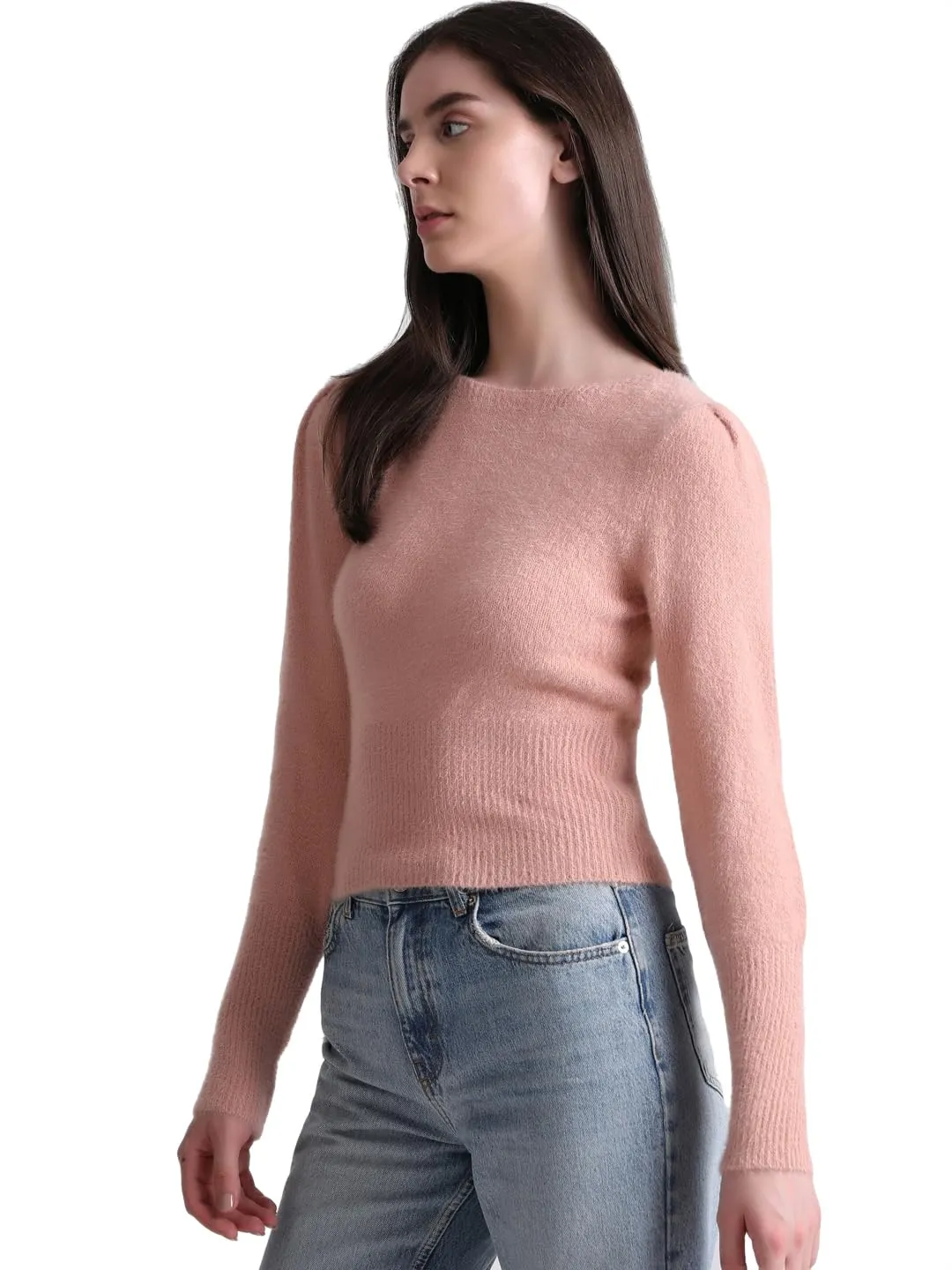 ONLY Women's Nylon Blend Round Neck Pullover Sweater (Misty Rose)