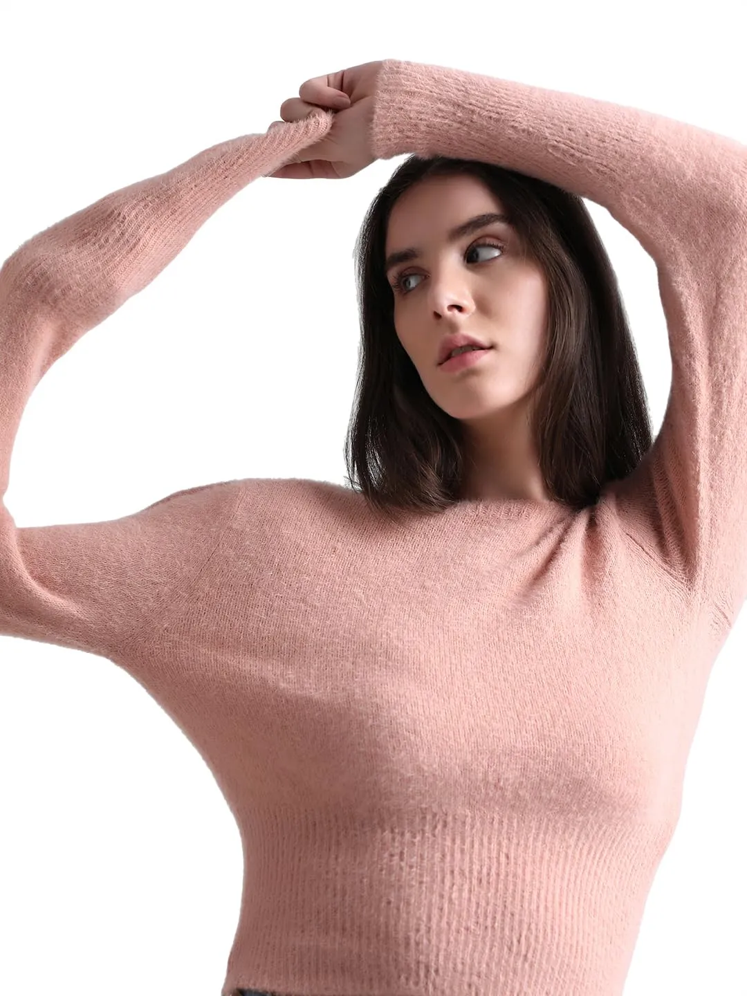 ONLY Women's Nylon Blend Round Neck Pullover Sweater (Misty Rose)