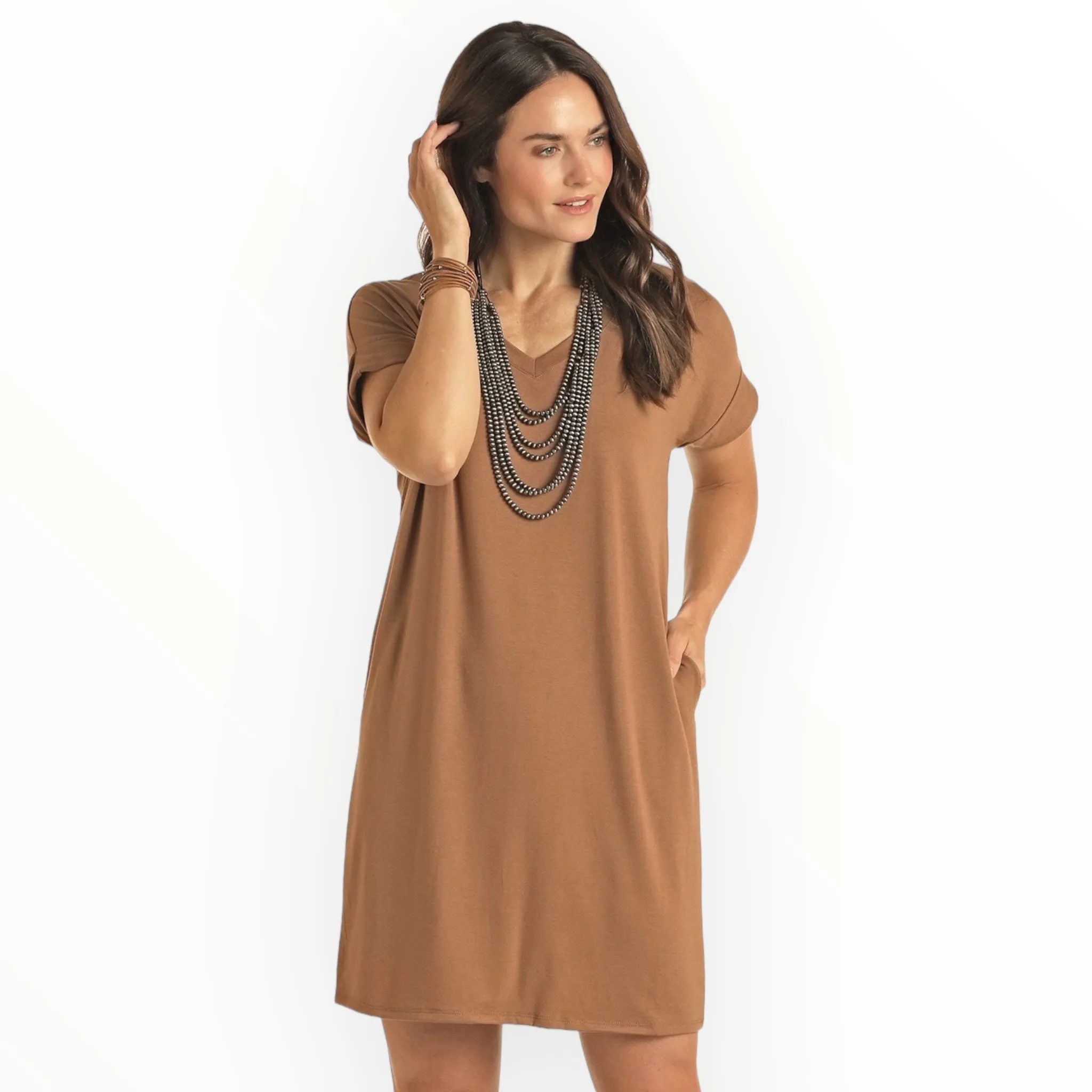 Panhandle Women's Camel Brown V-Neck Rolled Sleeve Tee Dress LWD1R04857