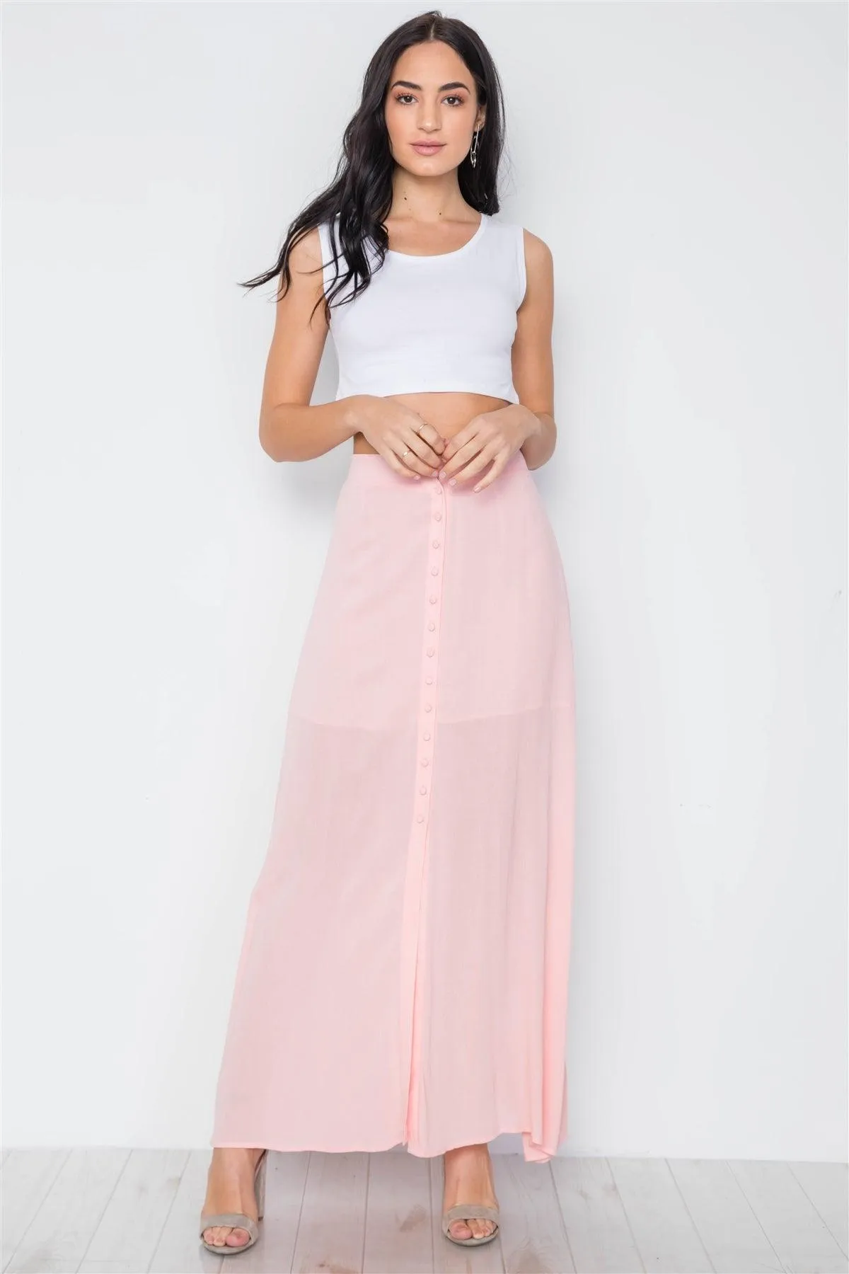 Pink Button-Front Maxi High Waist Skirt /3-2-1