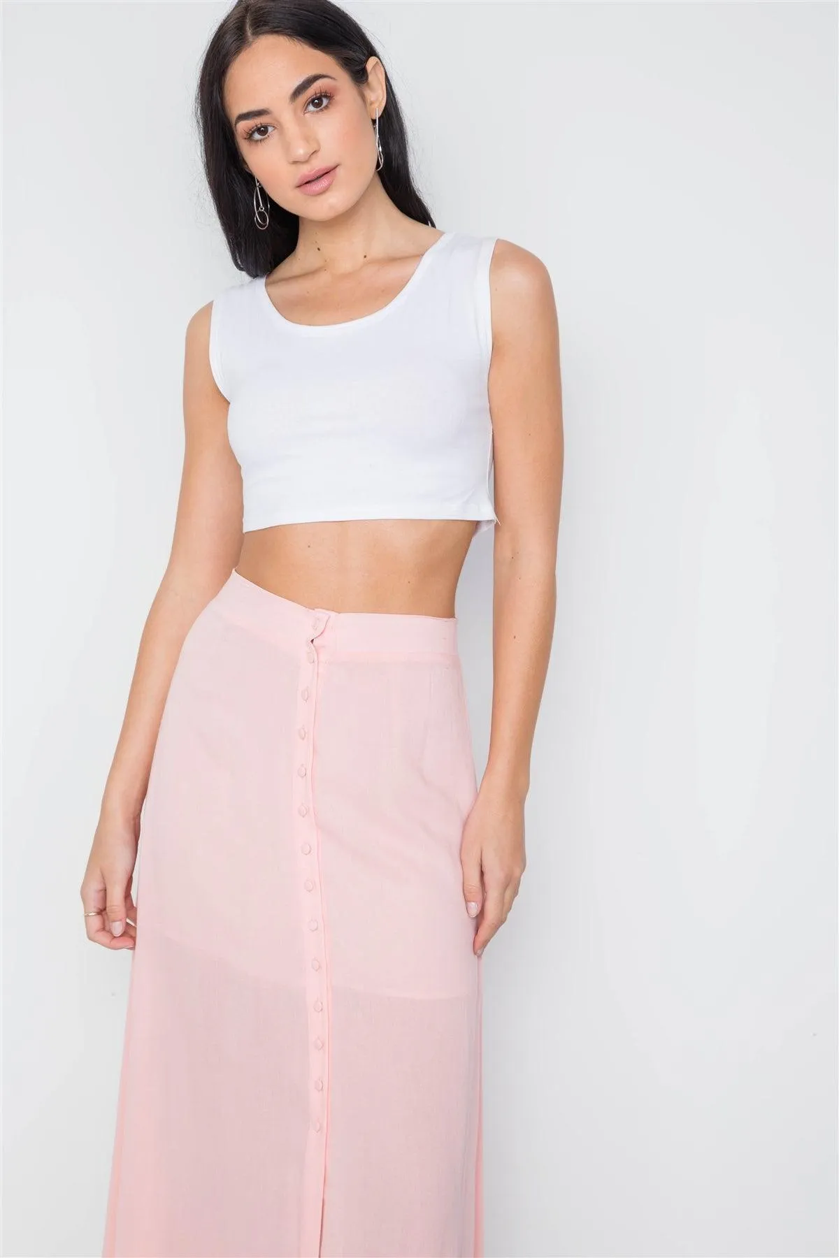 Pink Button-Front Maxi High Waist Skirt /3-2-1