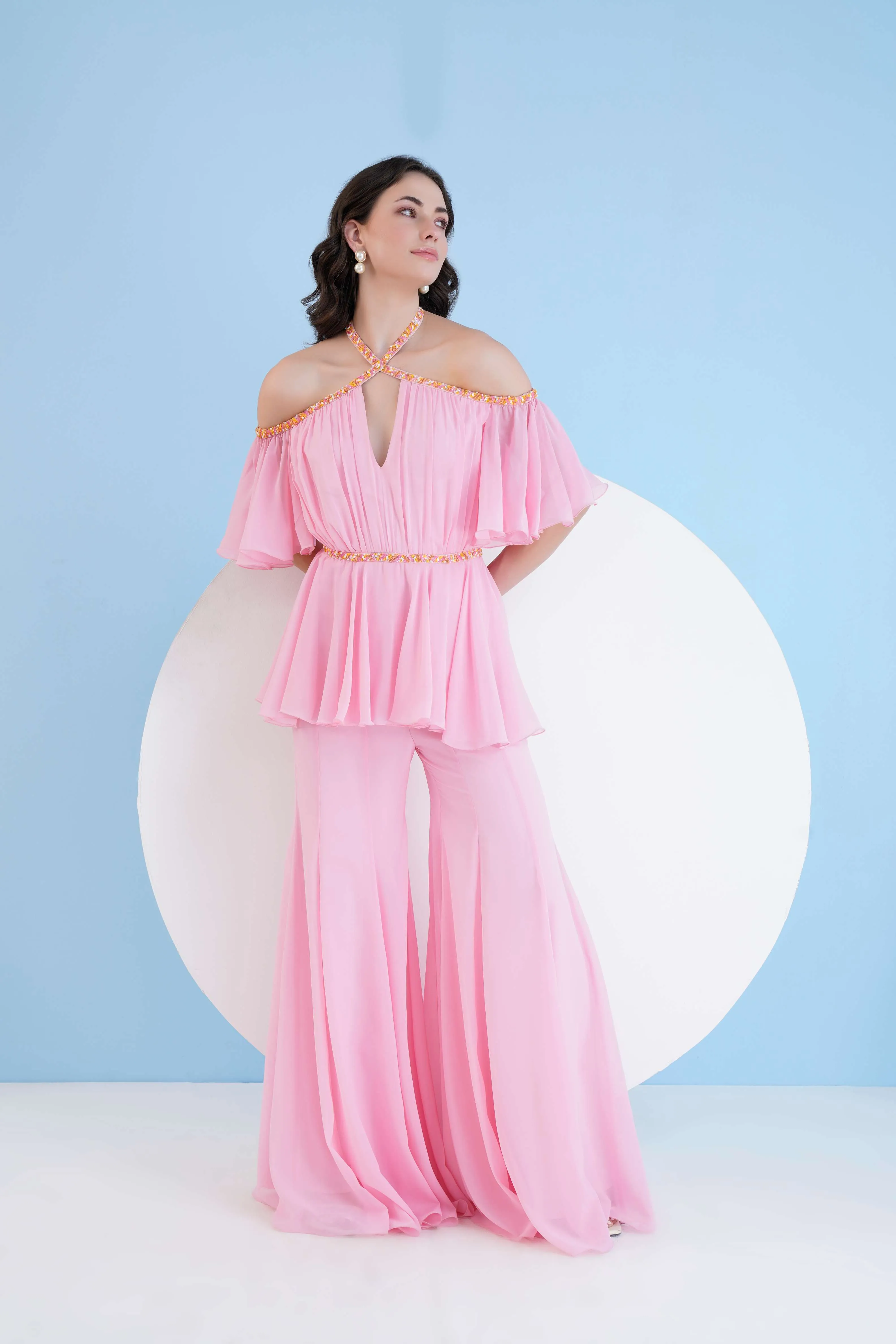 PINK EMBROIDERED CROSS NECK JUMPSUIT WITH FLARED SLEEVES