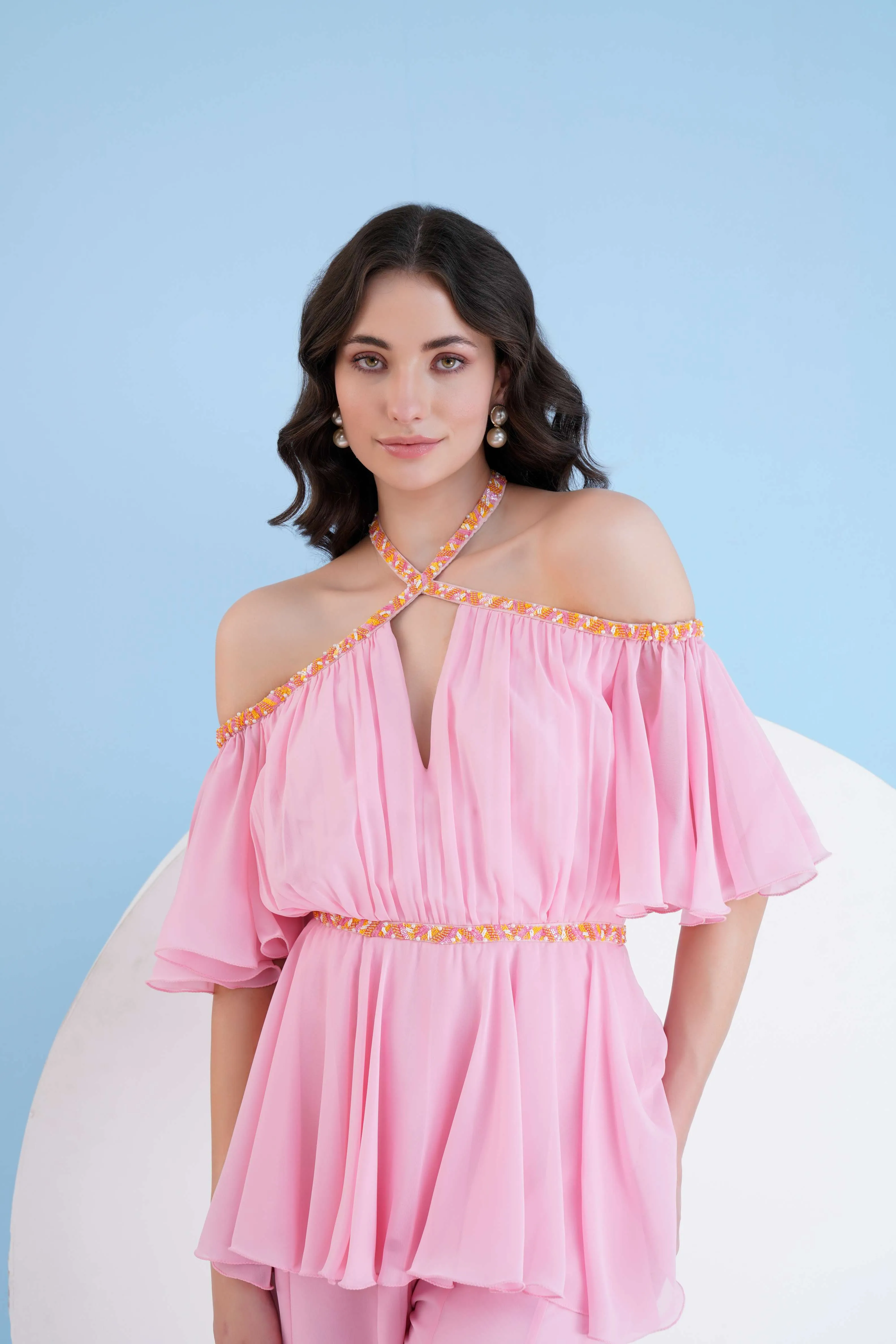 PINK EMBROIDERED CROSS NECK JUMPSUIT WITH FLARED SLEEVES