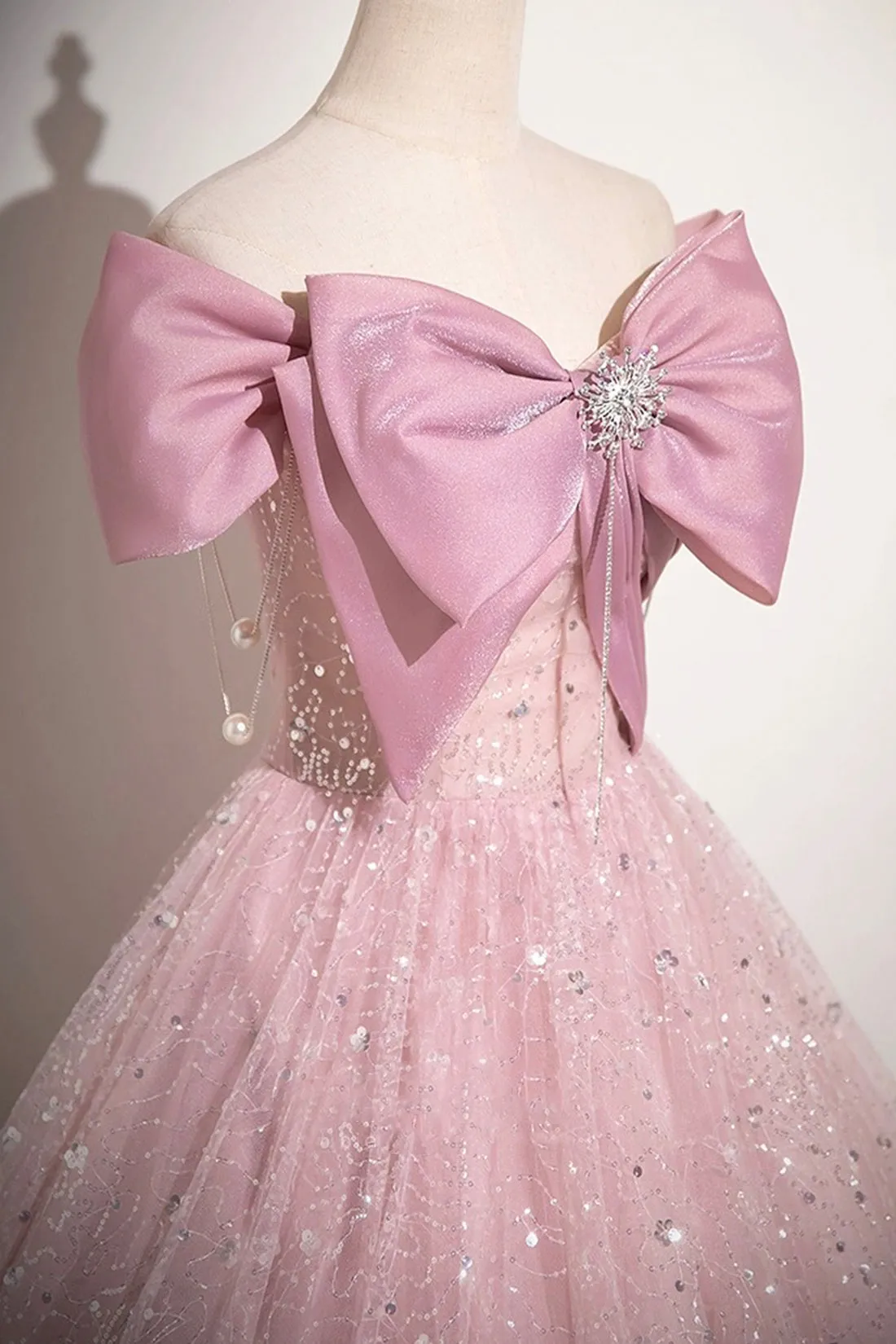 Pink Tulle Sequins Long A-Line Prom Dress with Bow, Pink Off Shoulder Evening Dress