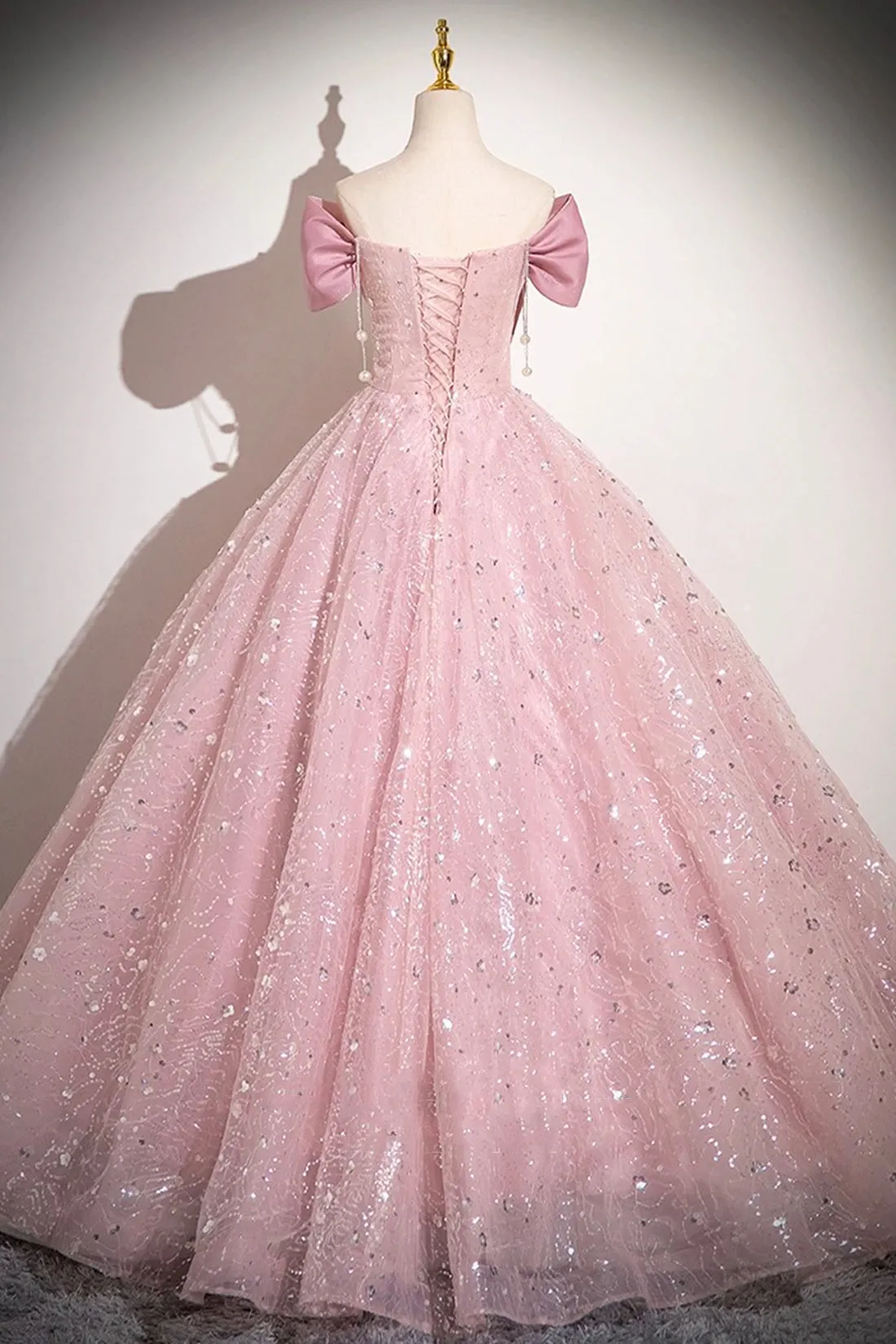 Pink Tulle Sequins Long A-Line Prom Dress with Bow, Pink Off Shoulder Evening Dress