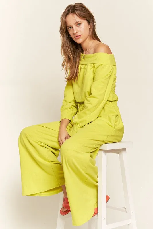 Plus Size Lime One Shoulder Terry Knit Jumpsuit