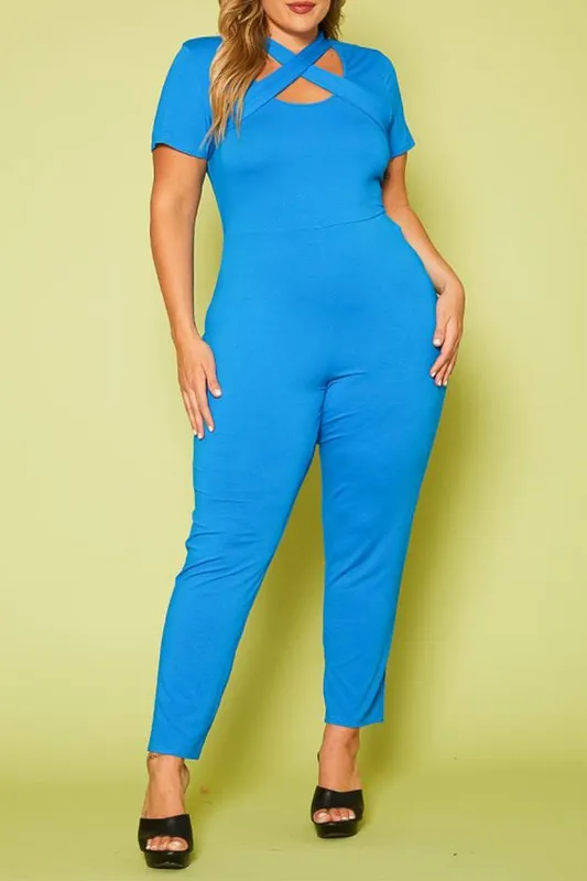 Plus Size Solid Cross Front Jumpsuit