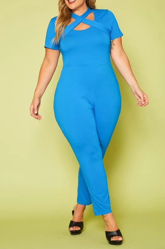 Plus Size Solid Cross Front Jumpsuit