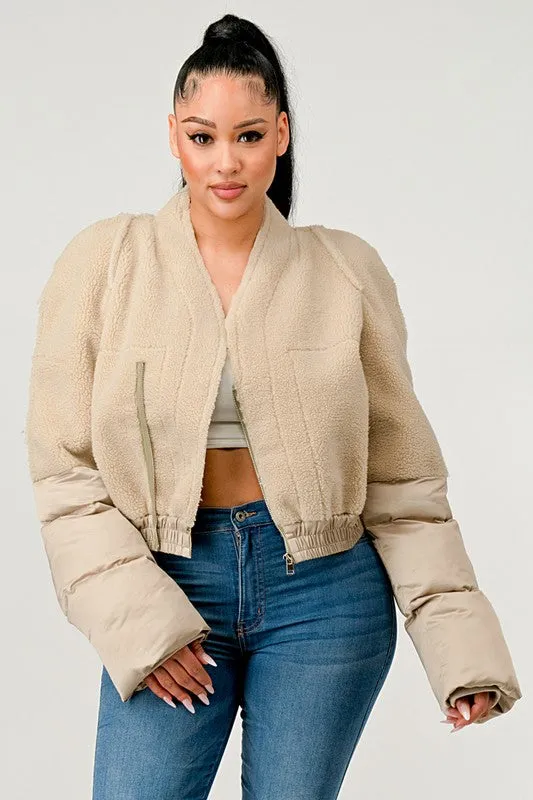 Plush Puff Sleeve Bomber Jacket