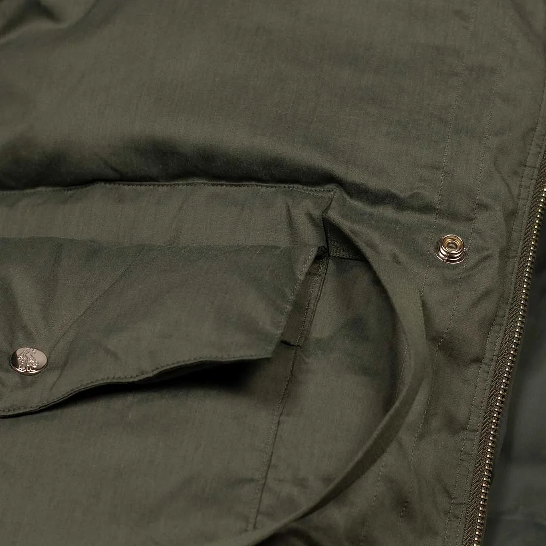 "Expedition Down Parka" in smoky sage green cotton and silk