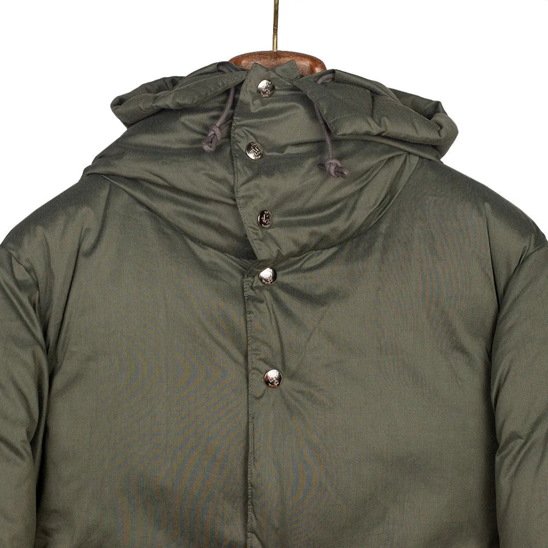 "Expedition Down Parka" in smoky sage green cotton and silk