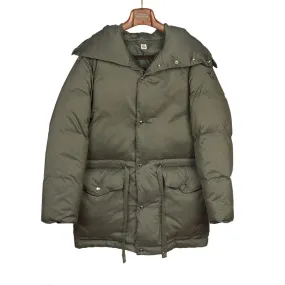 "Expedition Down Parka" in smoky sage green cotton and silk