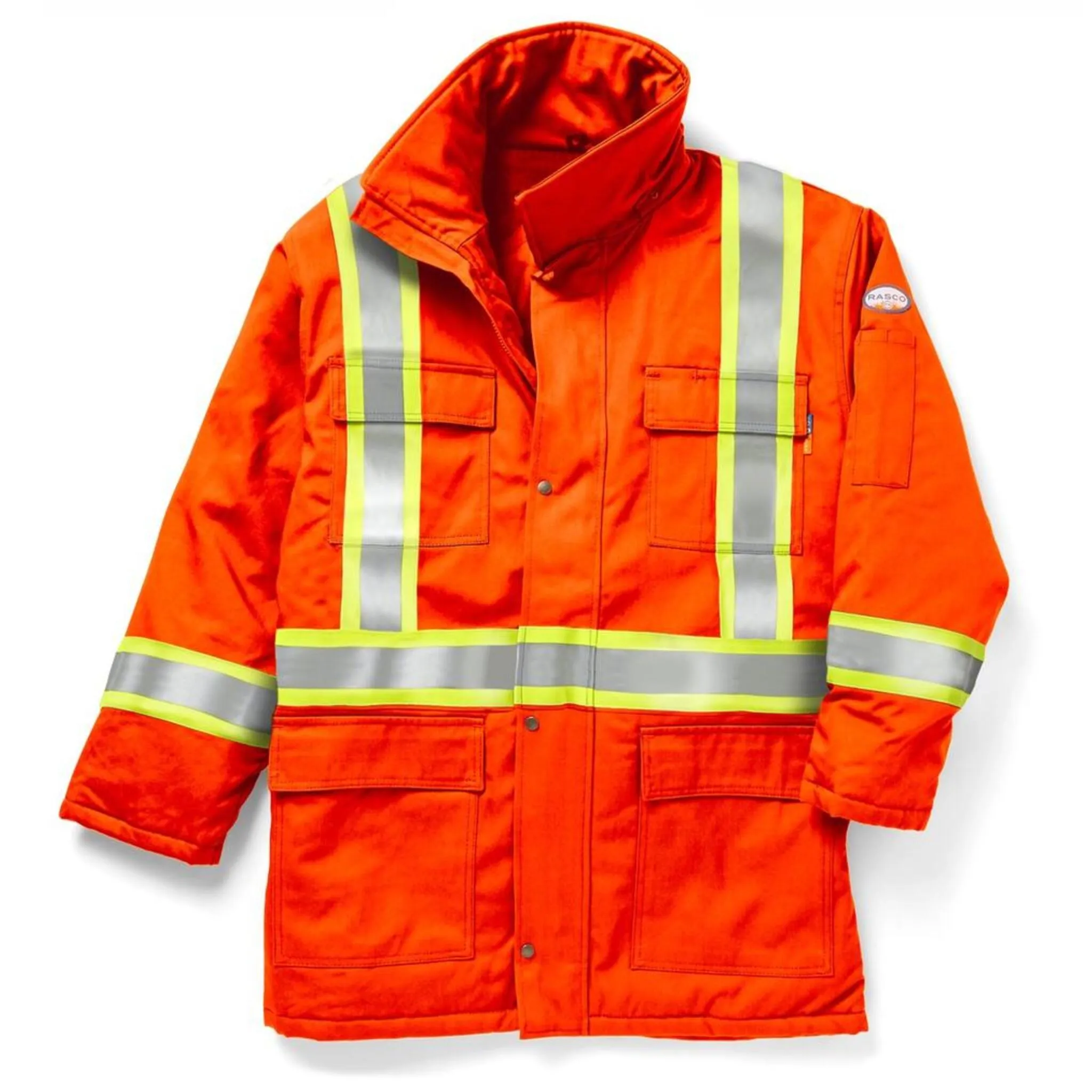 Rasco Men's Hi Vis Orange Work Parka FR CSA - 88% Cotton/12% Nylon Water Resistant Reflective Safety Jacket with 3M™ Scotchlite™ Trim | Sizes S-5XL