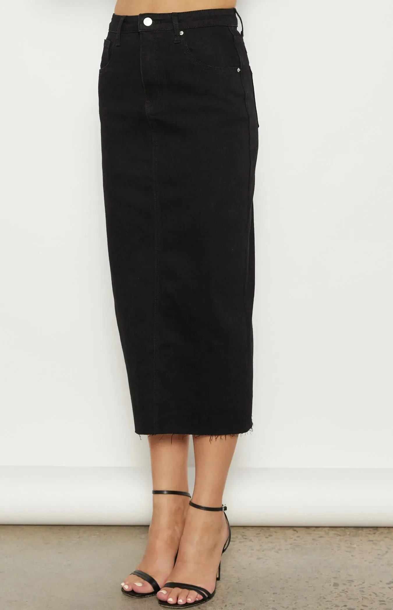 Raw Edge Denim Midi Skirt - Black