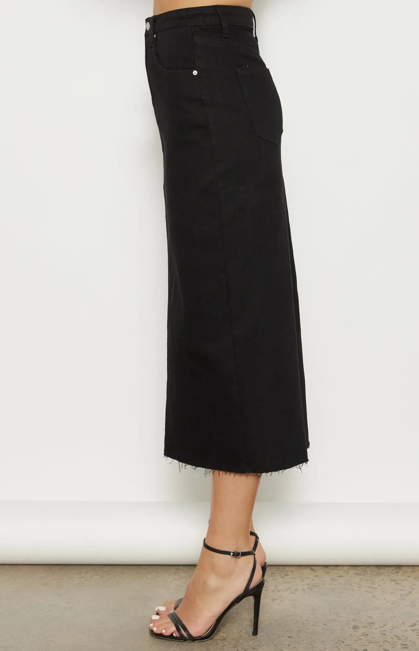 Raw Edge Denim Midi Skirt - Black