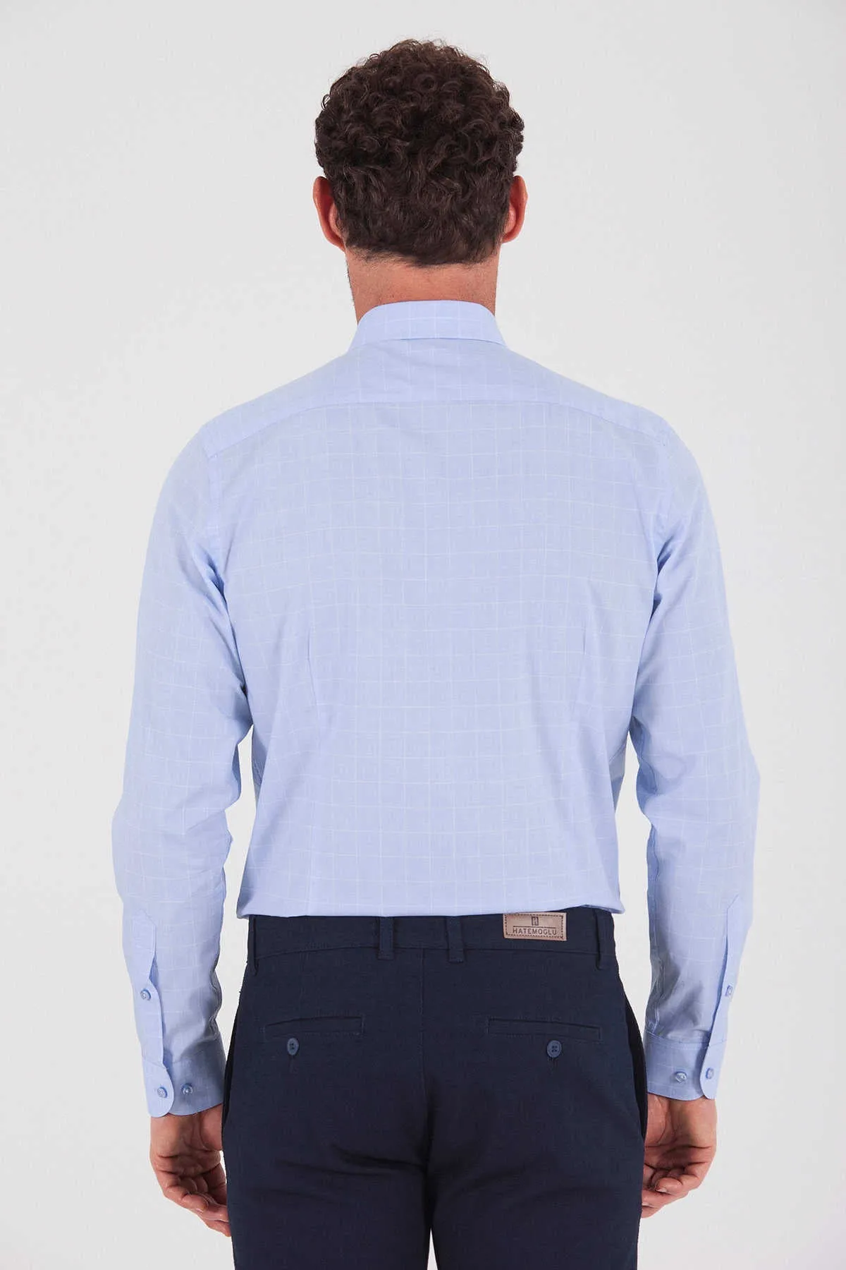 Regular Fit Long Sleeve Checked Cotton Dress Shirt, Light Blue K.