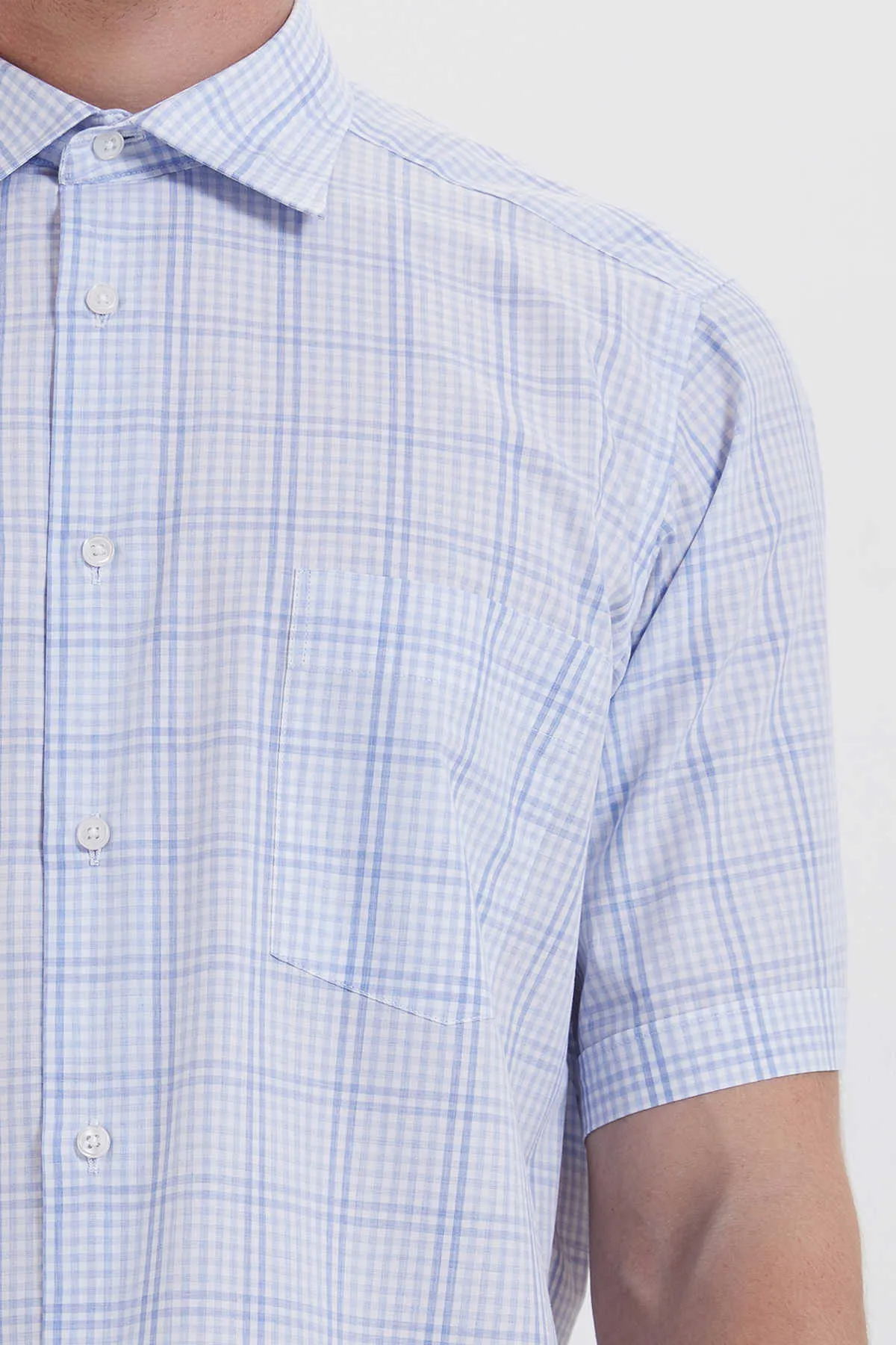 Regular Fit Plaid Cotton Blue Dress Shirt