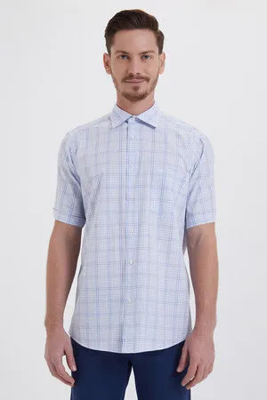 Regular Fit Plaid Cotton Blue Dress Shirt